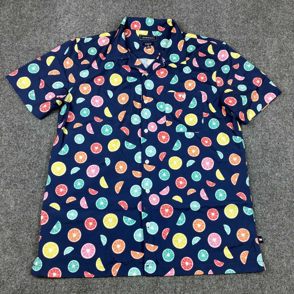 Crown & Ivy Mens Size Medium Navy Blue AOP Fruit Print Short Sleeve Button Down